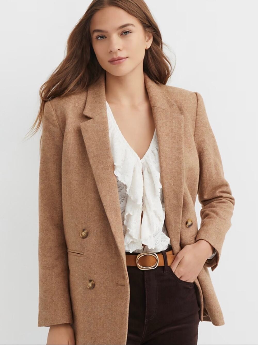 NEW LOFT Camel Herringbone Relaxed Blazer Jacket Women's Large NWT Wool Blend